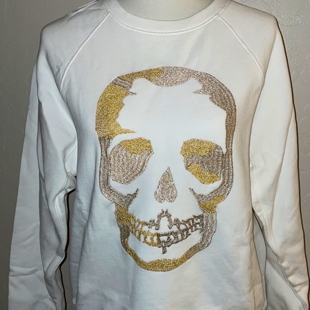 🎉HP🎉NEW Zadig And Voltaire White Upper Gold/Slv Glitter Skull Sweatshirt Sz M✨ - Picture 3 of 13